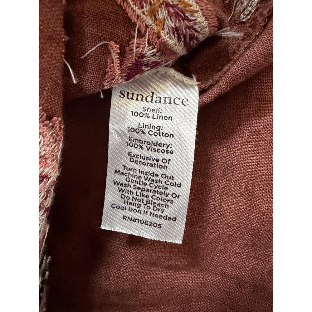 Sundance Brown Embroidered Linen Bird Floral Peasant Blouse PM Boho Fringe Top - Picture 11 of 11